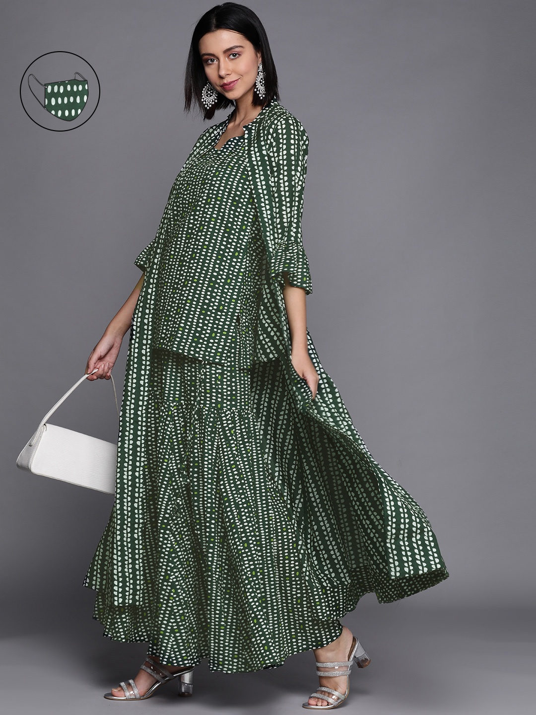 

Biba Women Green & White Printed Layered Pure Cotton Kurti with Sharara