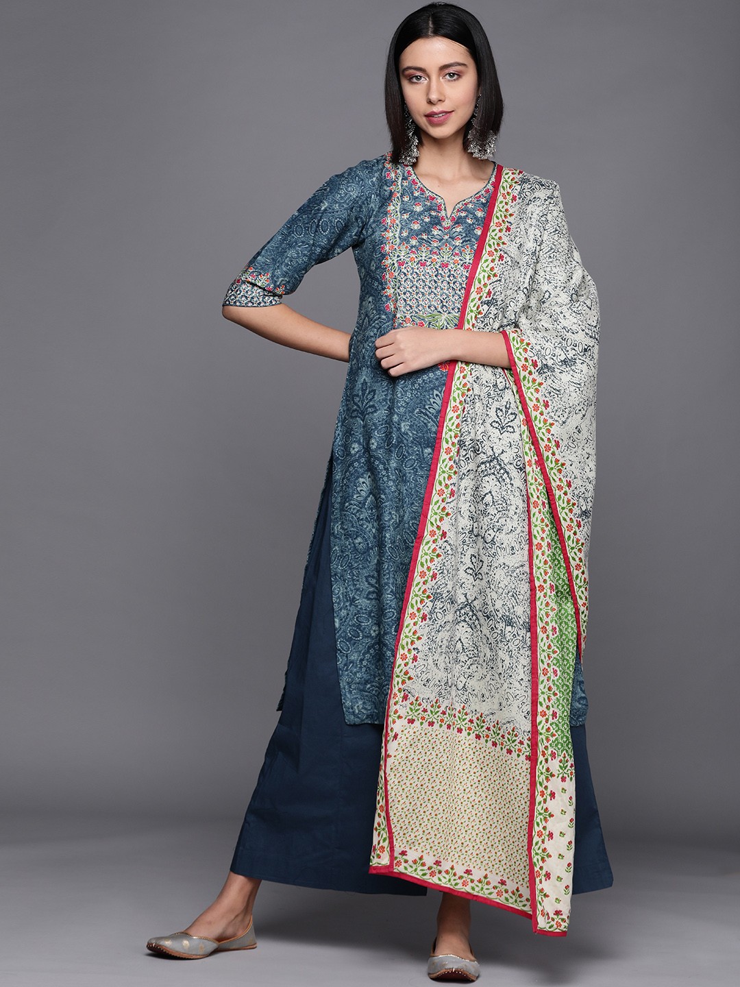 

Biba Women Teal Blue & Off White Ethnic Print Regular Cotton Kurta with Palazzos & Dupatta