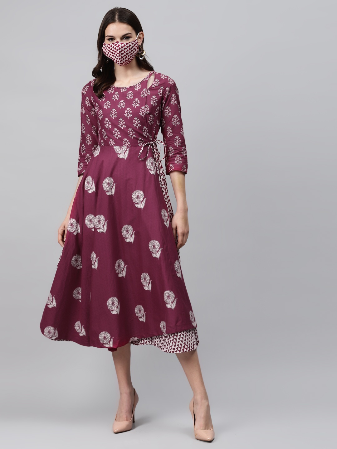

Biba Women Aubergine White Pure Cotton Printed Layered Wrap Dress, Purple