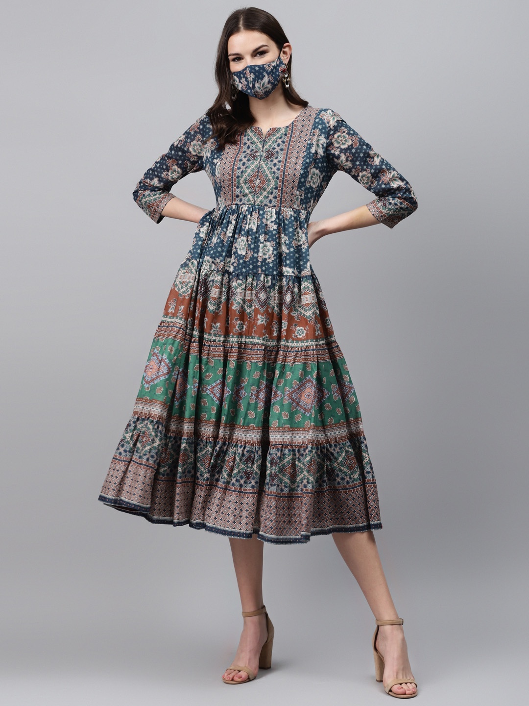 

Biba Women Navy Blue Red Pure Cotton Printed Tiered A-Line Dress