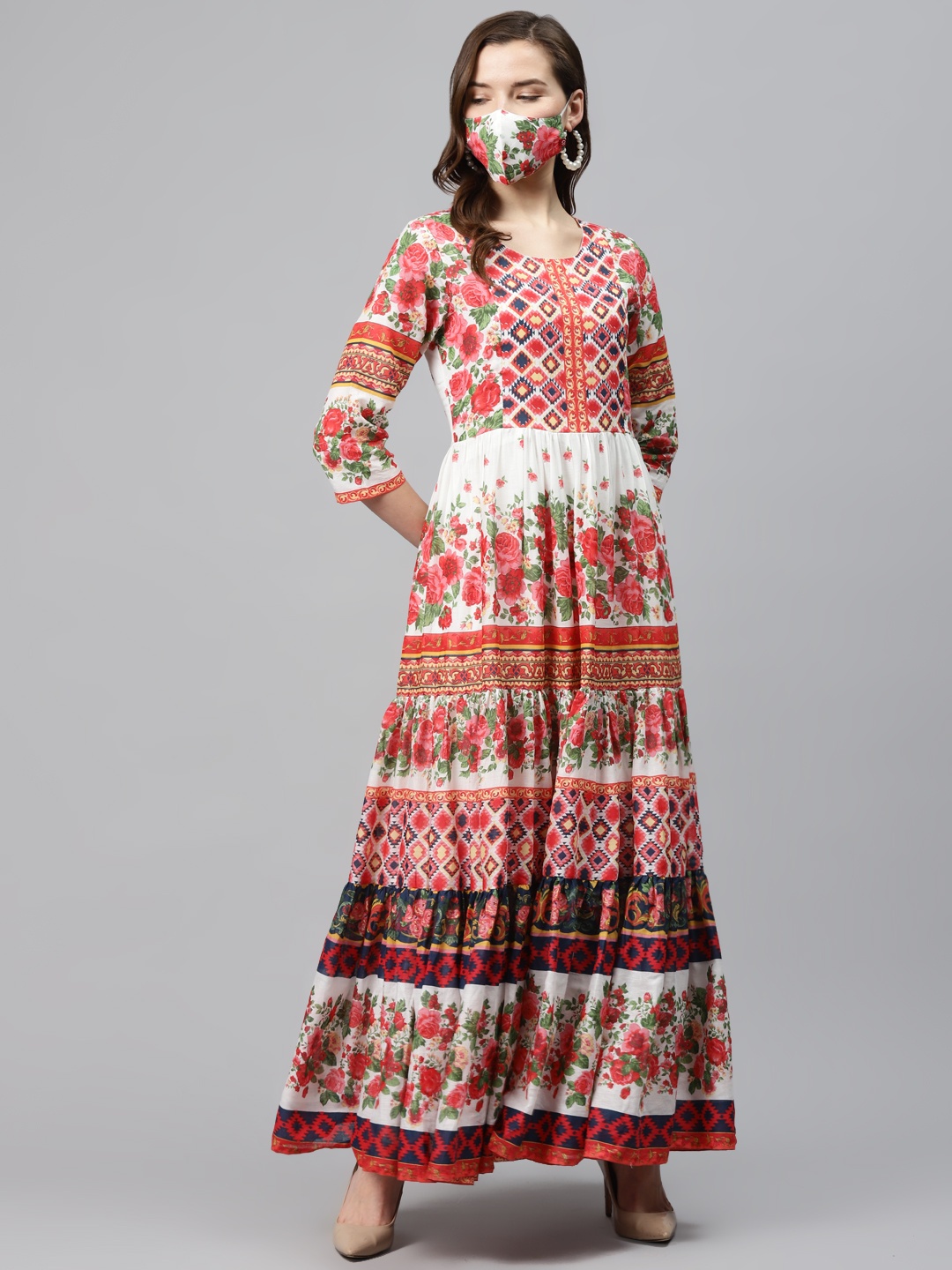 

Biba Women Off-White Red Printed Tiered Anarkali Kurta