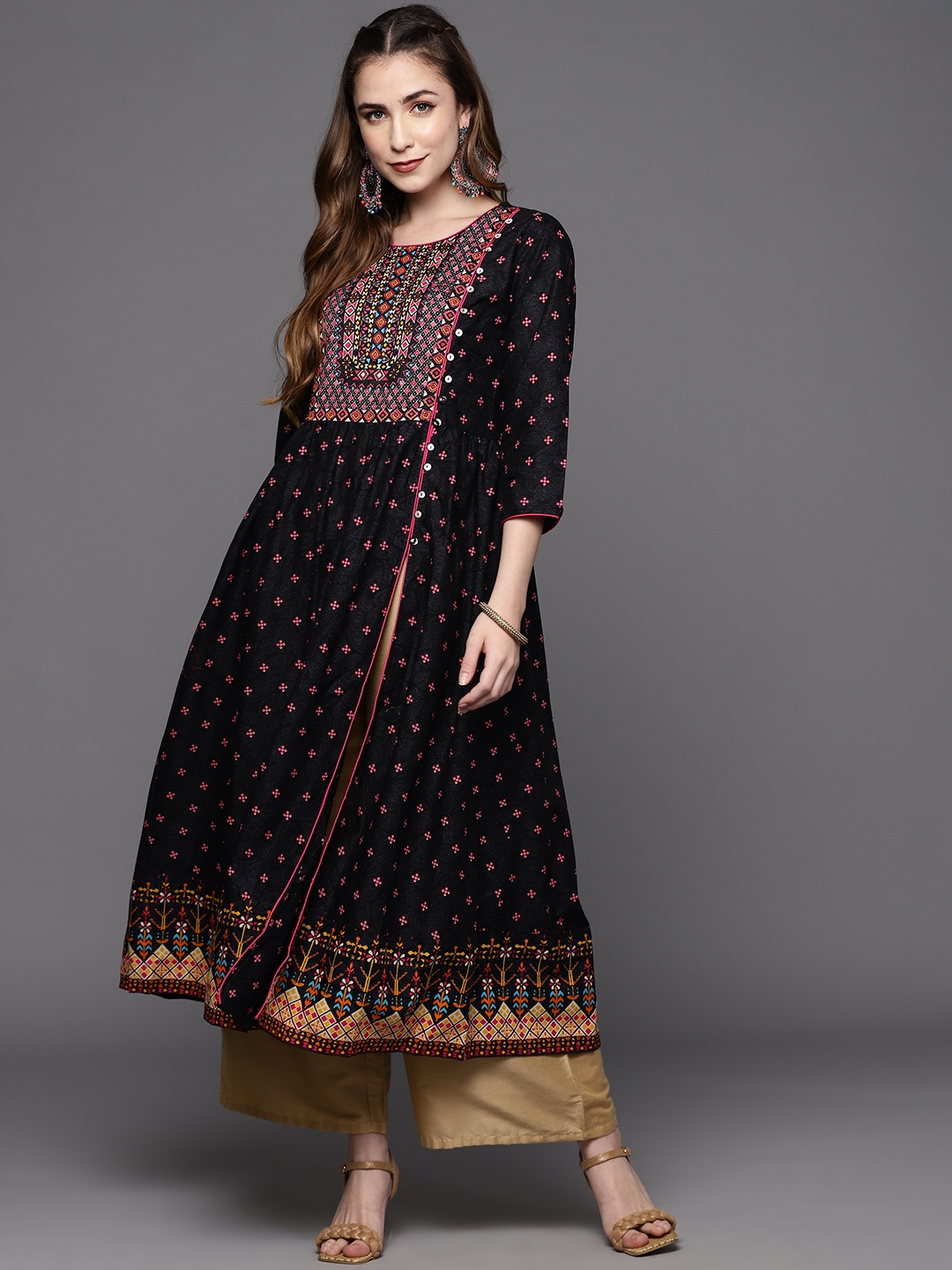 

Biba Women Black & Pink Ethnic Motifs Printed Front Slit A-Line Kurta