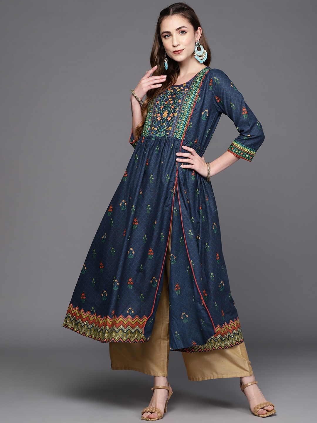 

Biba Women Navy Blue & Green Ethnic Motifs Printed Front Slit A-Line Kurta