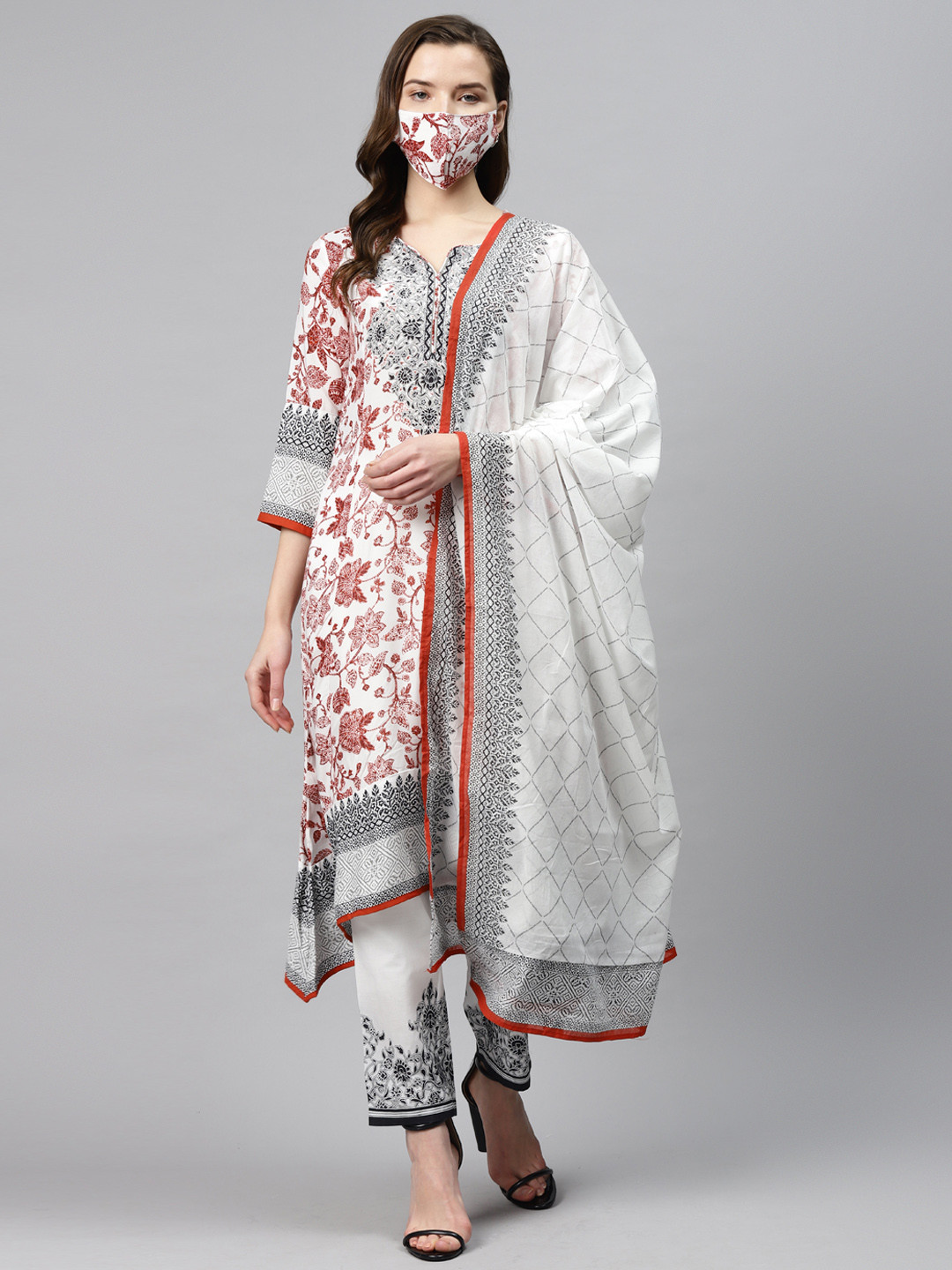 

Biba Women White Maroon Printed Kurta Set