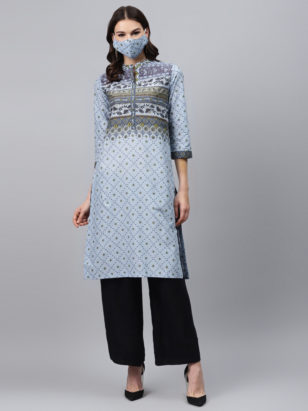 

Biba Women Blue Yellow Pure Cotton Printed Straight Kurta