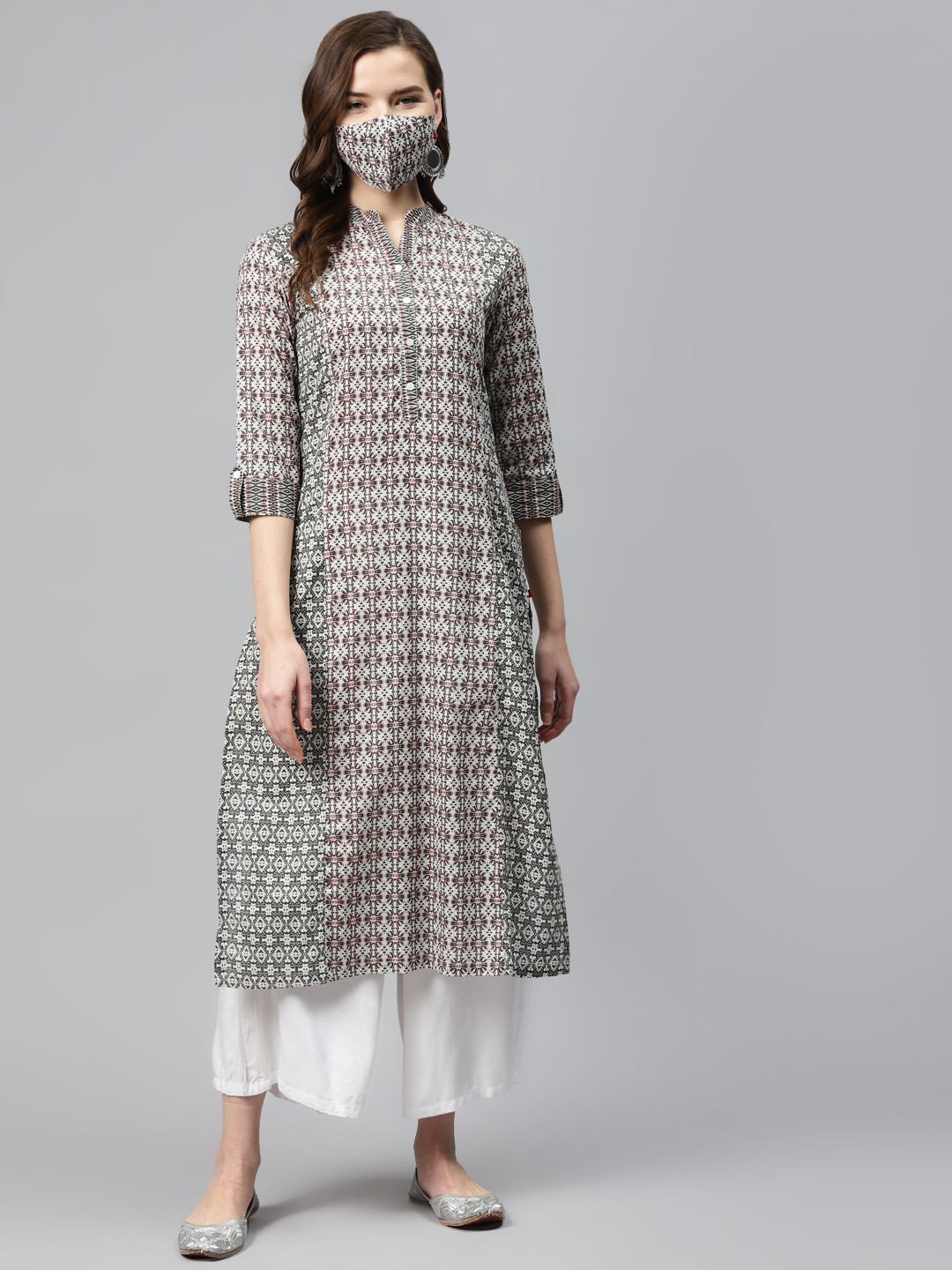 

Biba Women Charcoal Grey White Printed Pure Cotton Straight Kurta