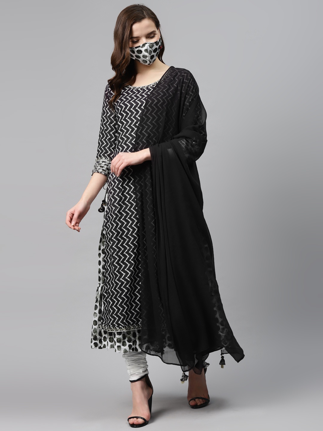 

Biba Women Black White Chevron Print Pure Cotton Layered Kurta Set with Dupatta