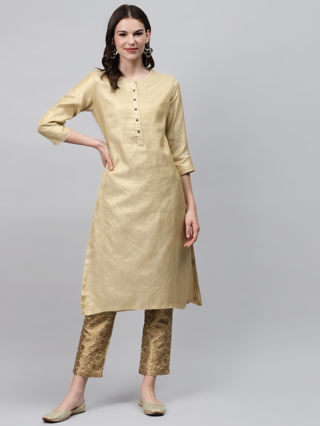 

Biba Women Beige Solid Kurta with Brocade Trousers