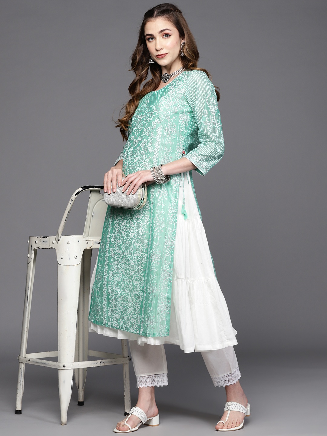 

Biba Women Green & White Ethnic Motifs Printed Pastels Kurta