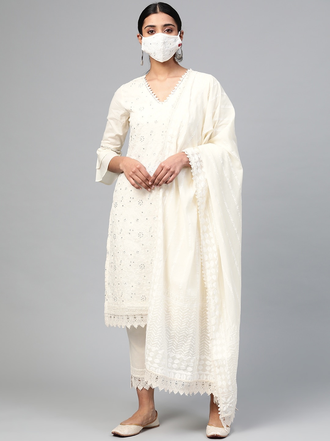 

Biba Women Cream-Coloured Silver Pure Cotton Embroidered Kurta Set with Dupatta