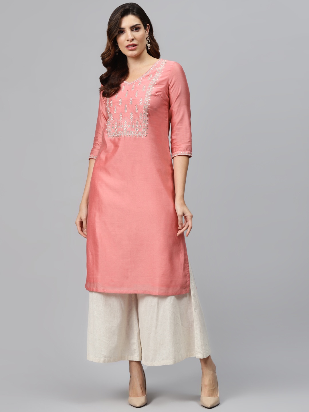 

Biba Women Pink & Golden Yoke Design Straight Kurta With Sheen Effect