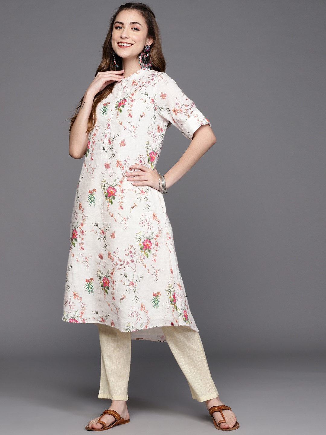 

Biba Women White & Pink Floral Printed Cotton Linen Kurta