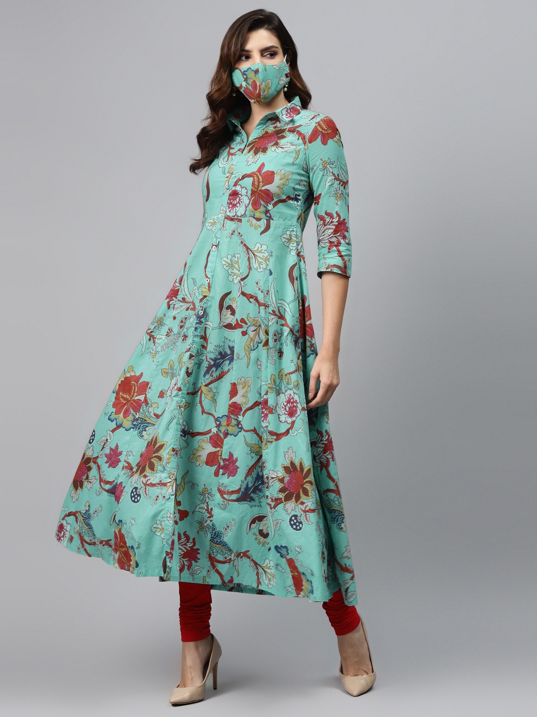 

Biba Women Sea Green Red Pure Cotton Floral Printed Anarkali Kurta