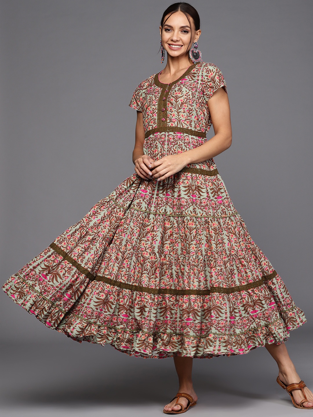 

Biba Green & Yellow Ethnic Motifs Printed Cotton Maxi Dress