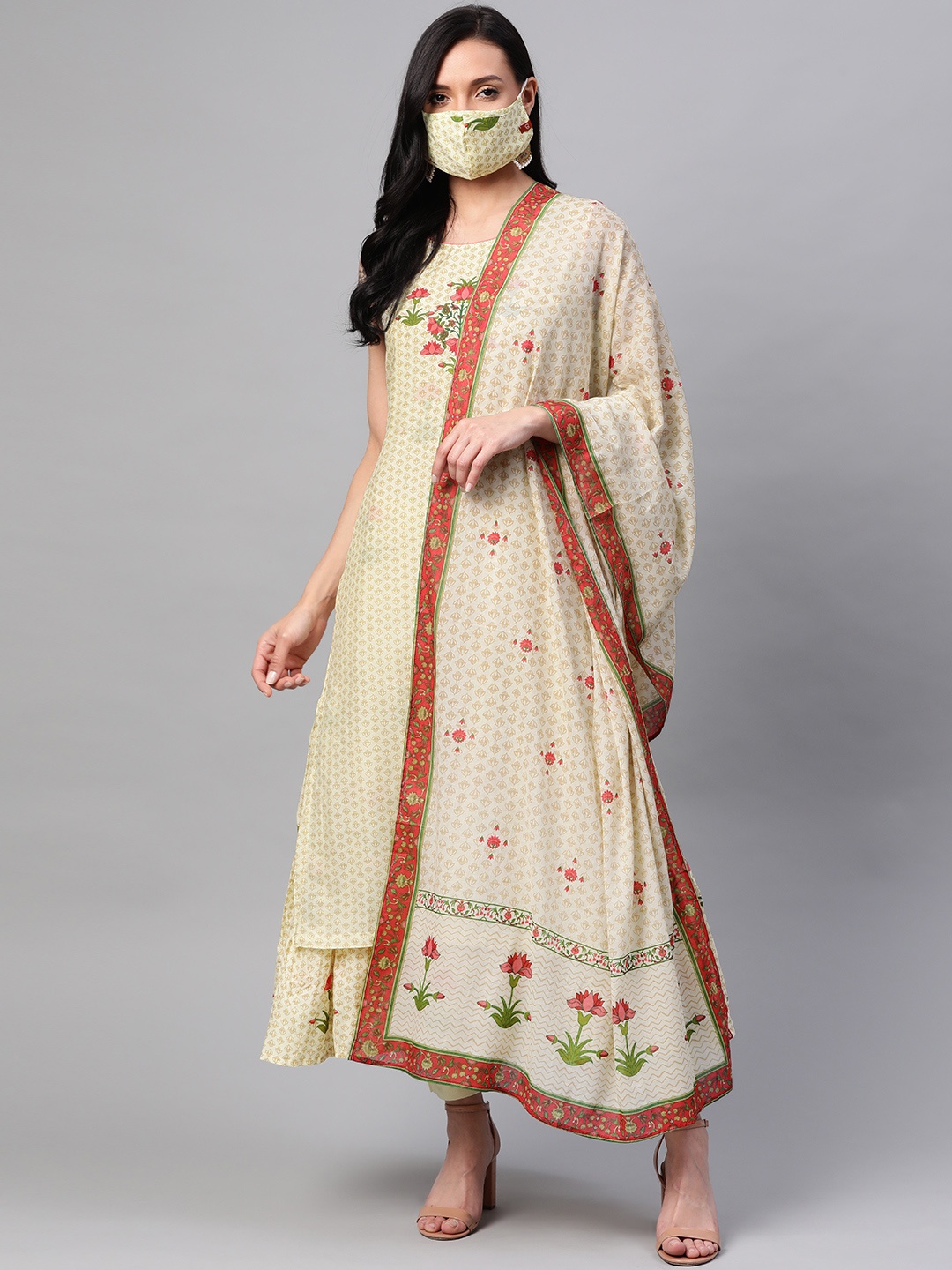

Biba Women Beige Pure Cotton Printed Layered Kurta with Trousers & Dupatta