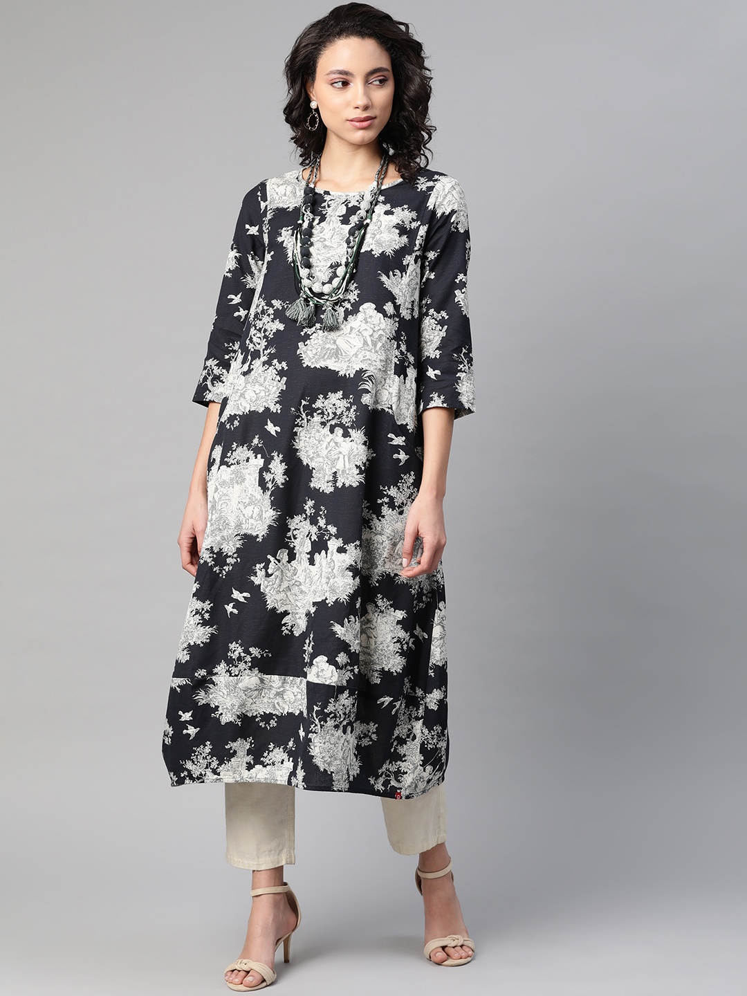 

Biba Women Black & Off-White Printed A-Line Kurta