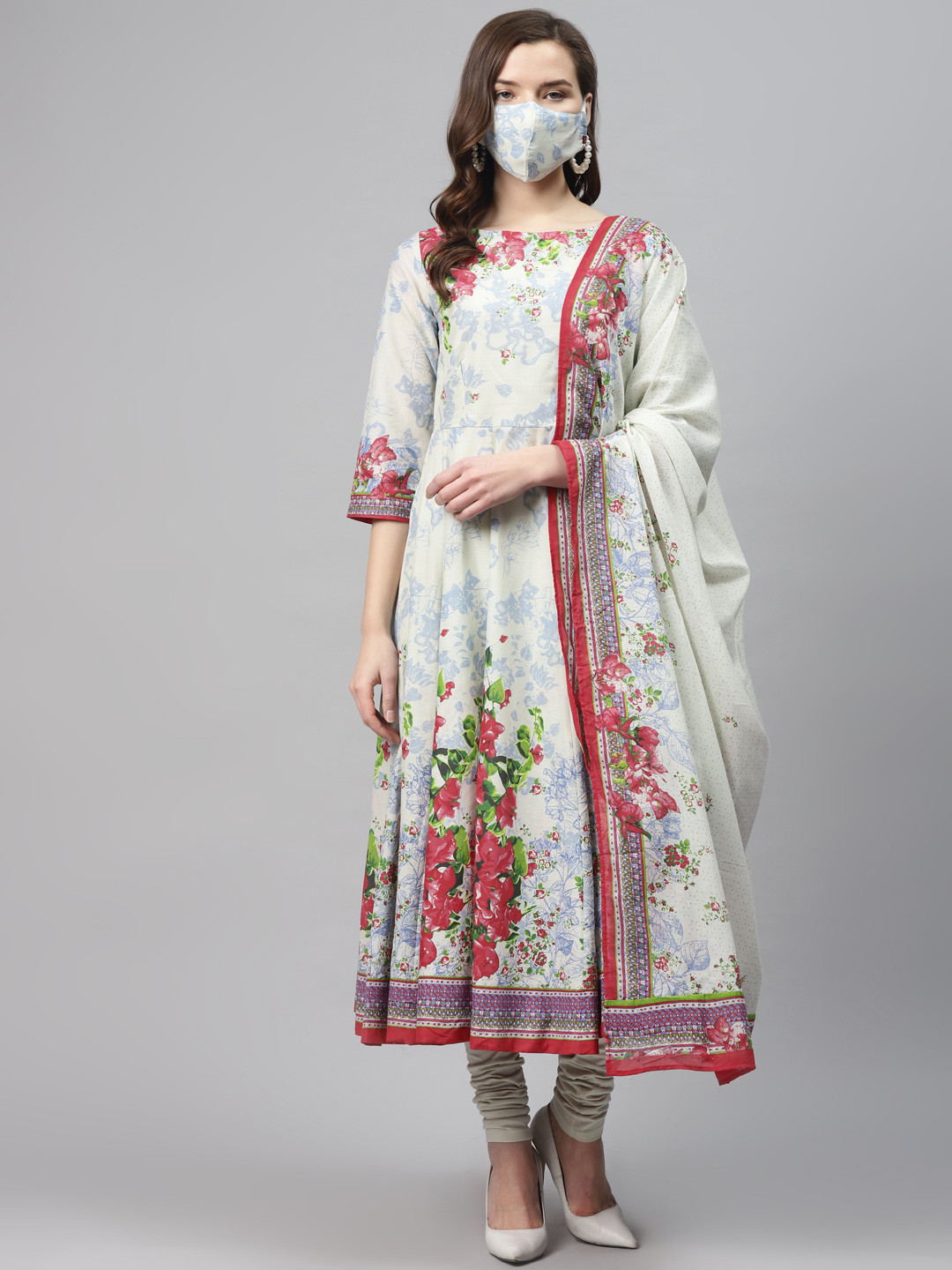 

Biba Women Cream-Coloured & Blue Printed Anarkali Cotton Kurta Churidar Dupatta & Mask