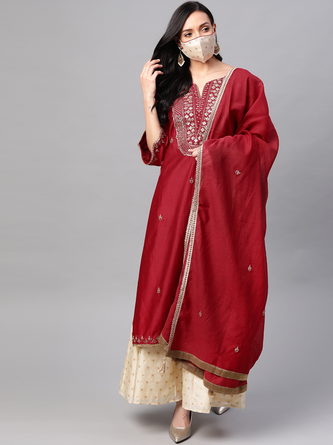 

Biba Women Red & Cream-Coloured Embroidered Kurta with Palazzos & Dupatta
