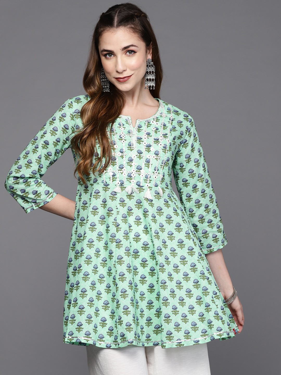 

Biba Women Green & Blue Ethnic Motifs Printed Embroidered Pure Cotton A-Line Kurta