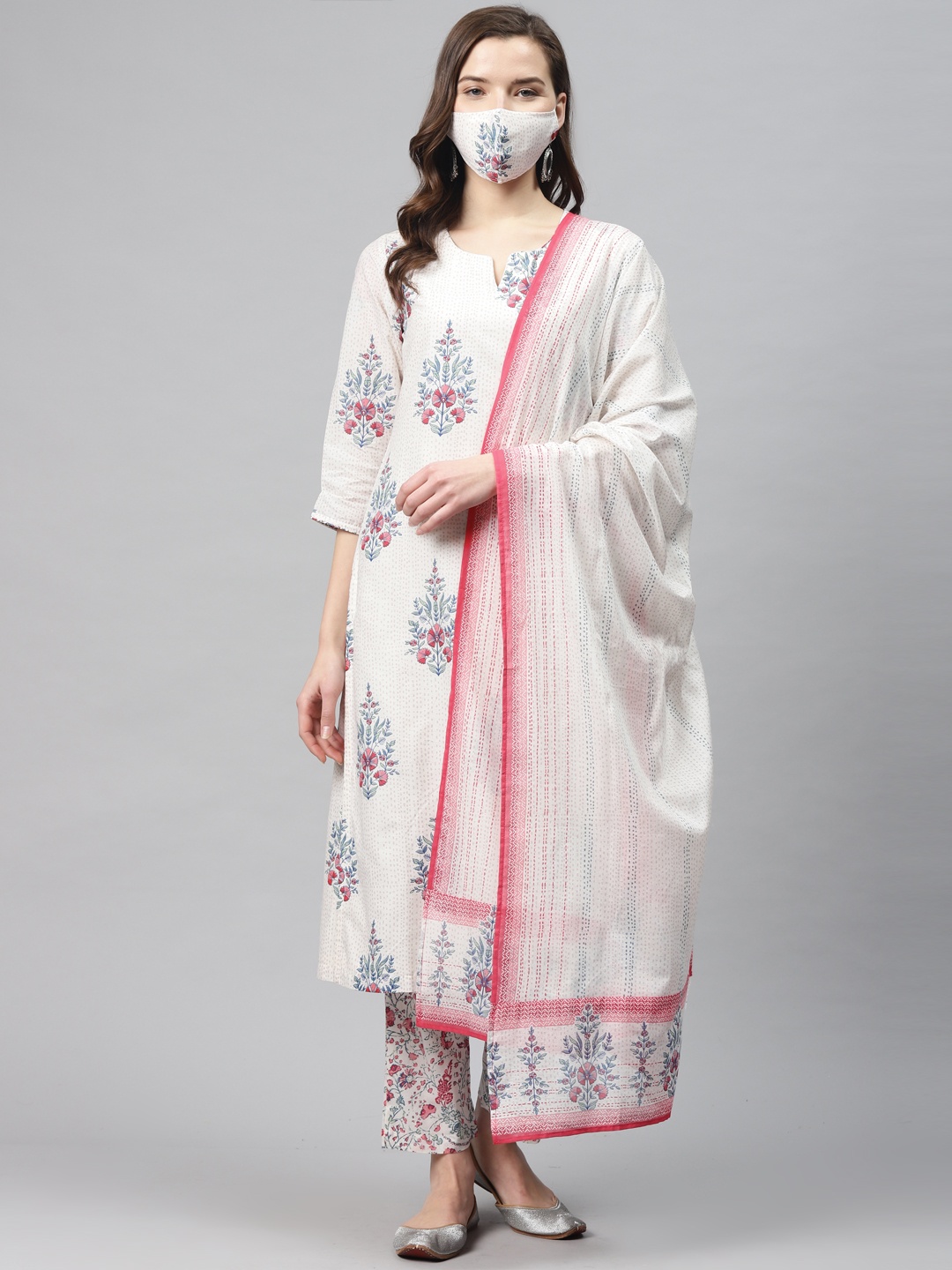 

Biba Women White Pink Pure Cotton Printed Kurta Trousers Dupatta