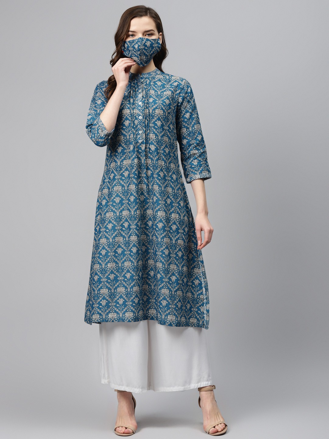 

Biba Women Blue & Off-White Printed Pure Cotton Anarkali Kurta & Mask
