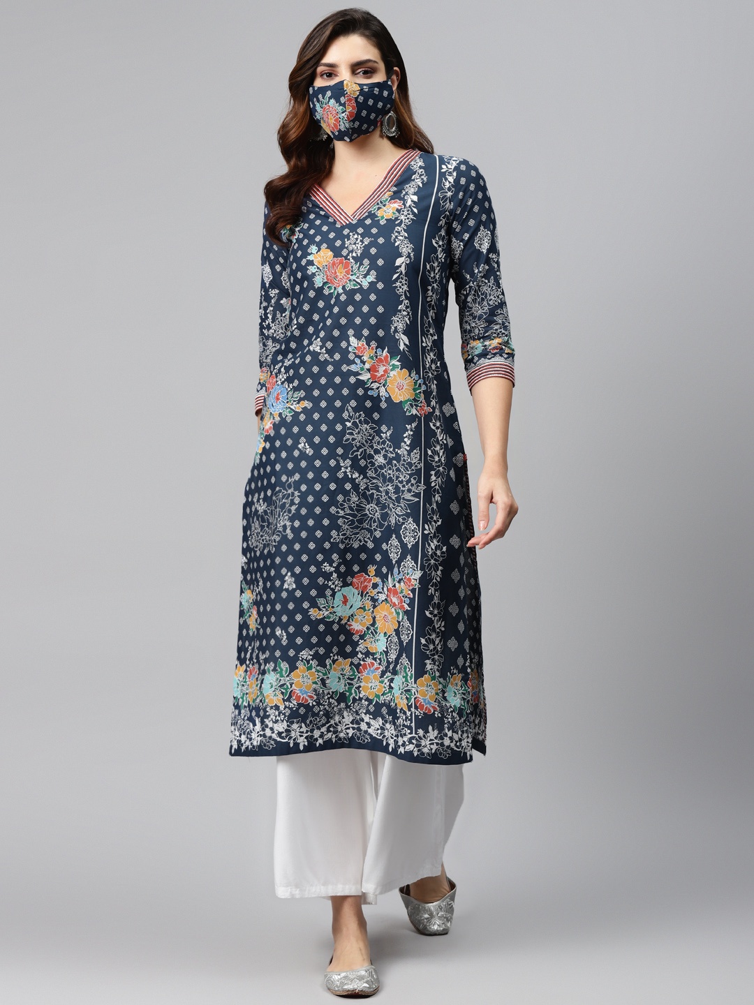 

Biba Women Navy Blue White Printed Pure Cotton Straight Kurta