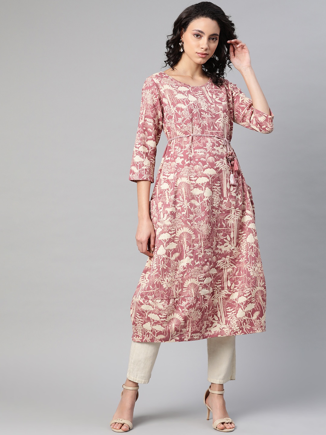 

Biba Women Cream-Coloured & Dusty Pink Printed A-Line Kurta
