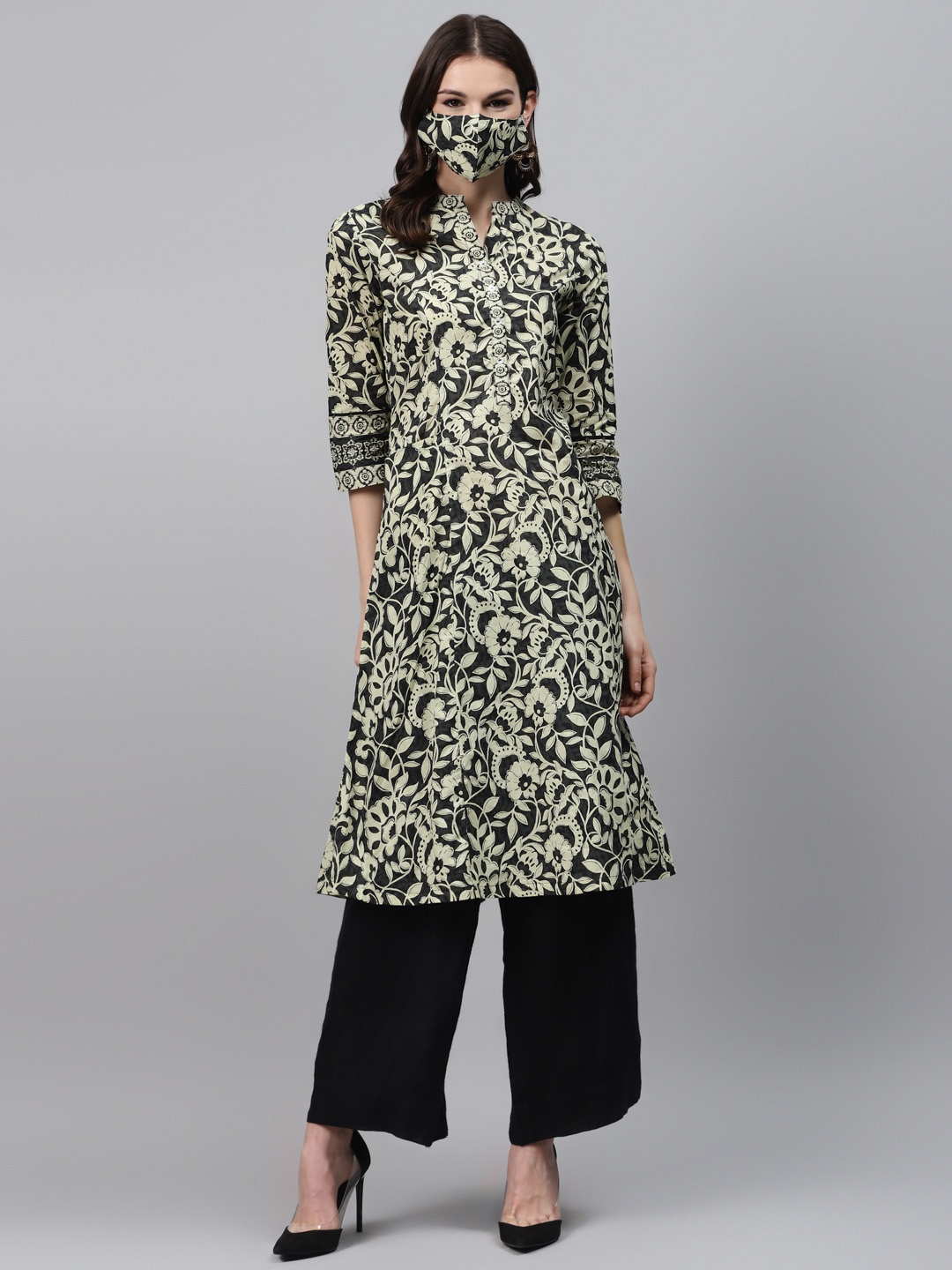 

Biba Women Black Beige Pure Cotton Printed A-Line Kurta