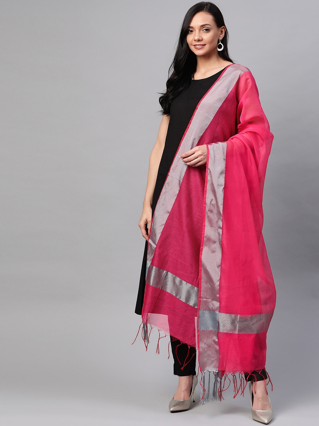 

Biba Pink & Grey Solid Dupatta