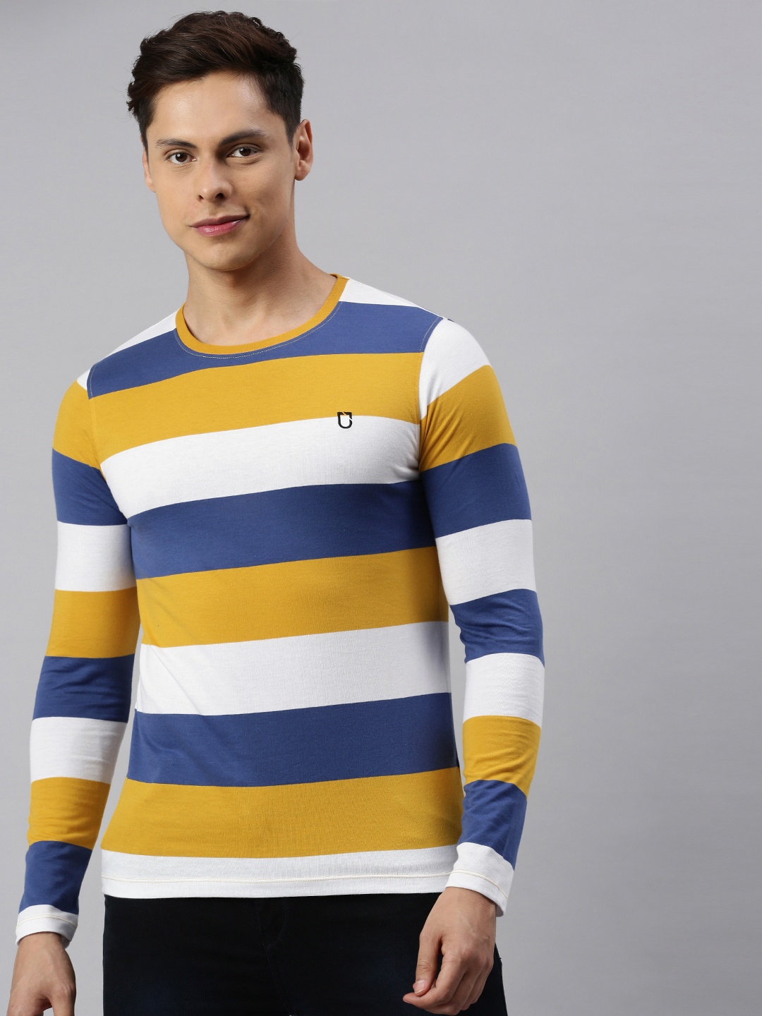 

Urbano Fashion Men Blue White Slim Fit Striped Round Neck Pure Cotton T-shirt