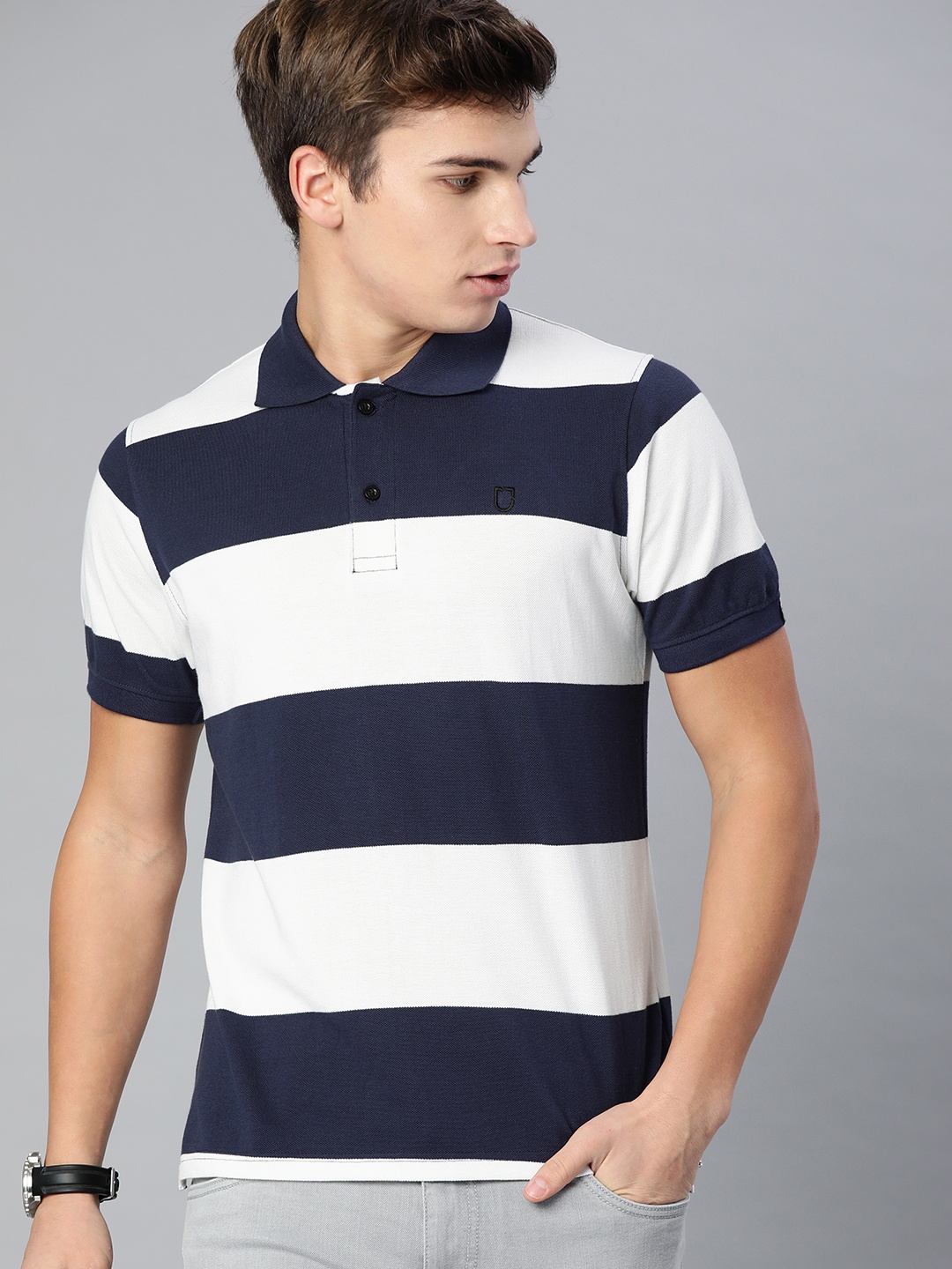 

Urbano Fashion Men White Navy Blue Striped Polo Collar Pure Cotton T-shirt