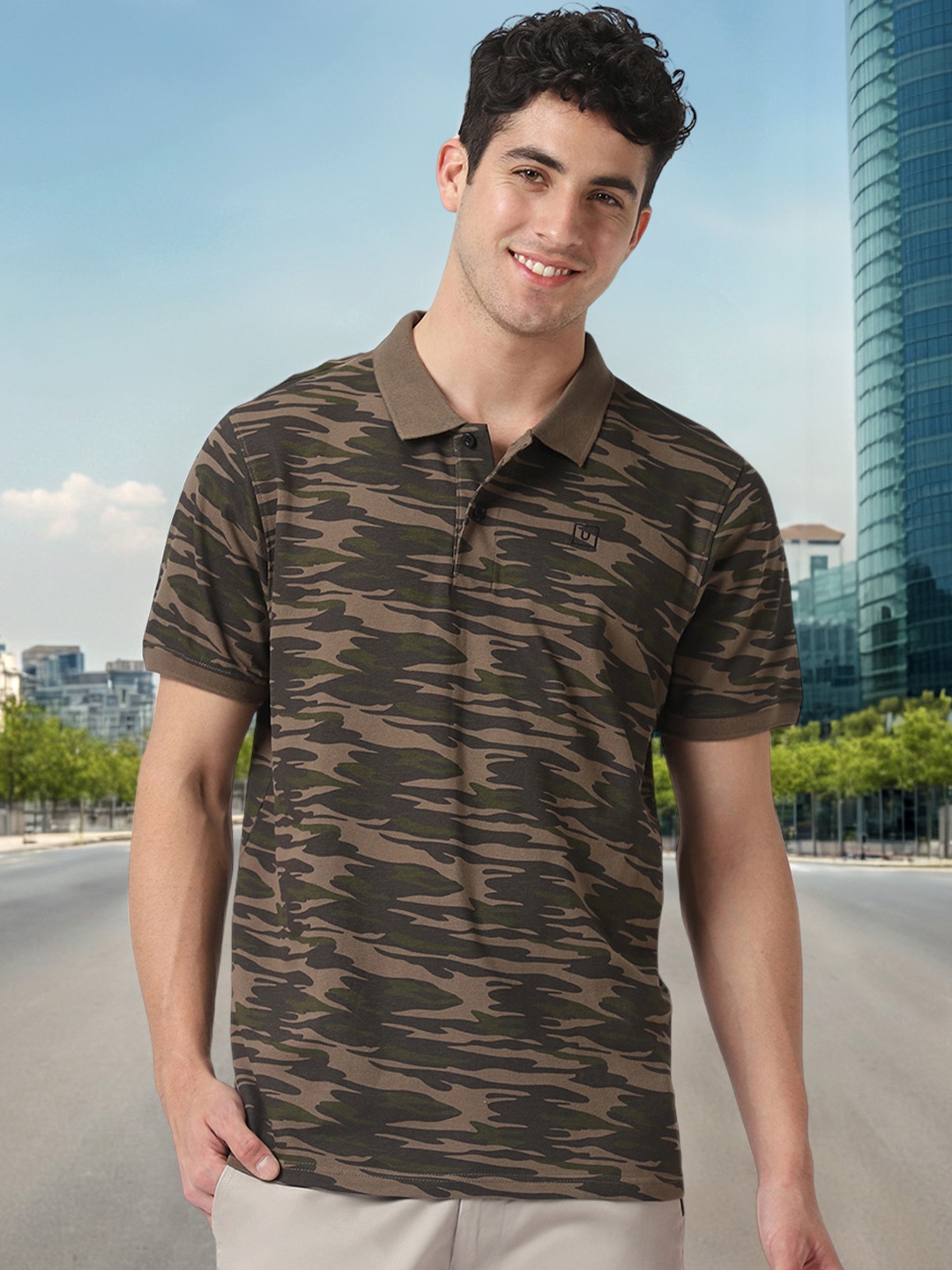 

Urbano Fashion Men Olive Green Camouflage Printed Pure Cotton Polo Collar Pure Cotton T-shirt