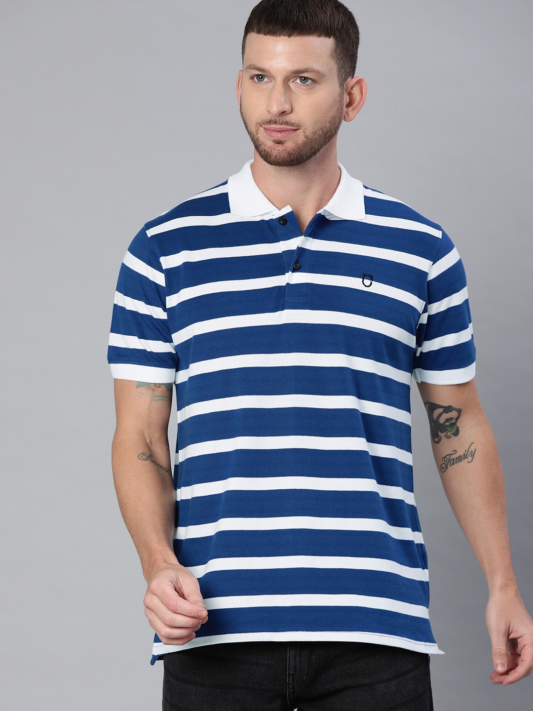 

Urbano Fashion Men Navy Blue White Striped Polo Collar Pure Cotton T-shirt