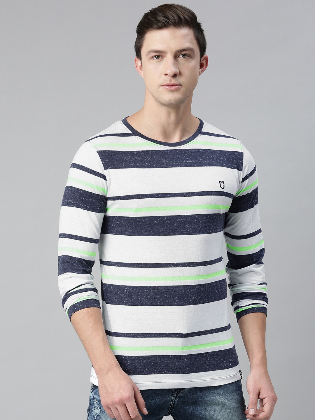 

Urbano Fashion Men White Navy Blue Striped Round Neck Pure Cotton T-shirt