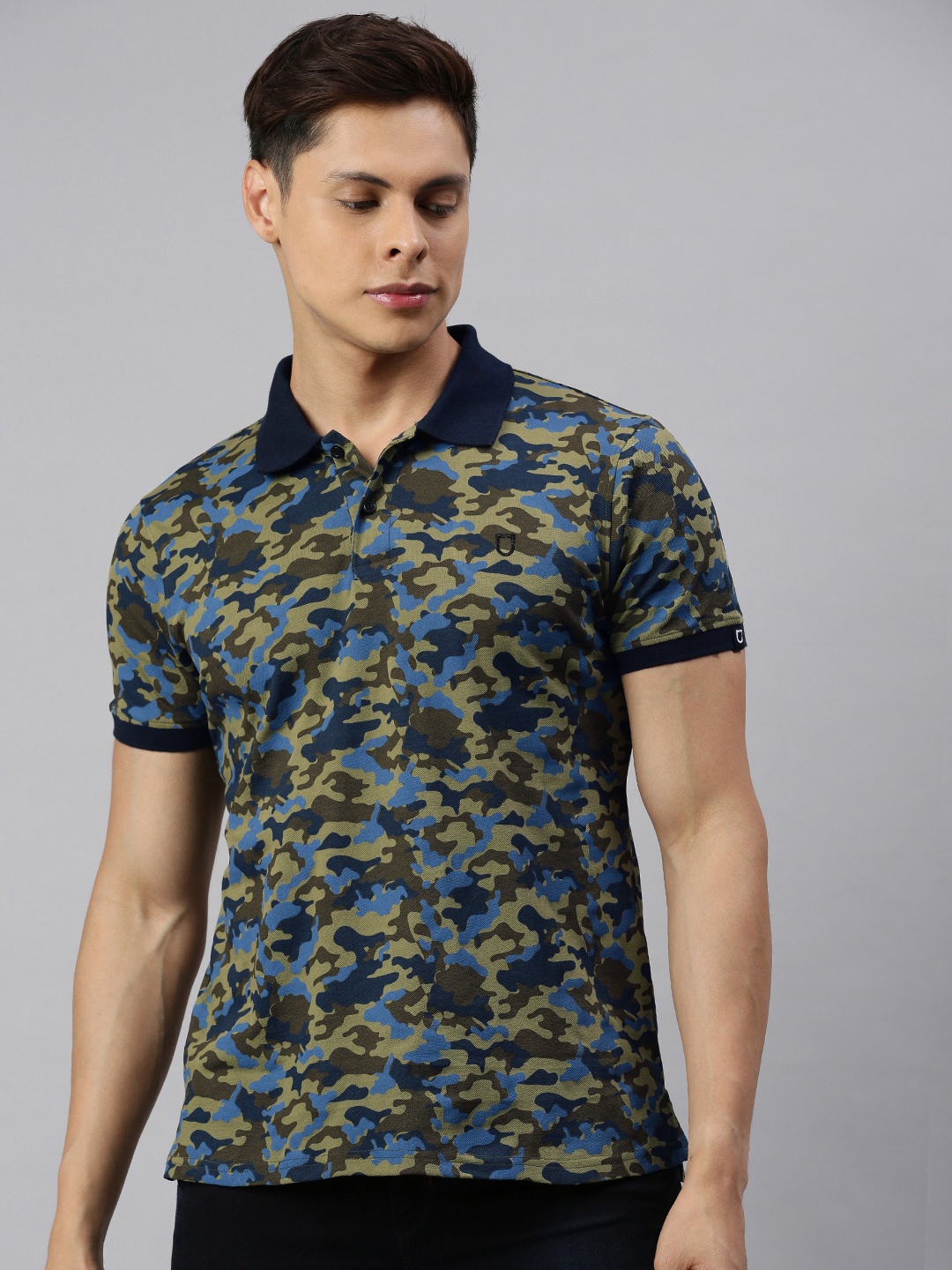 

Urbano Fashion Men Olive Green Blue Slim Fit Printed Polo Collar Pure Cotton T-shirt