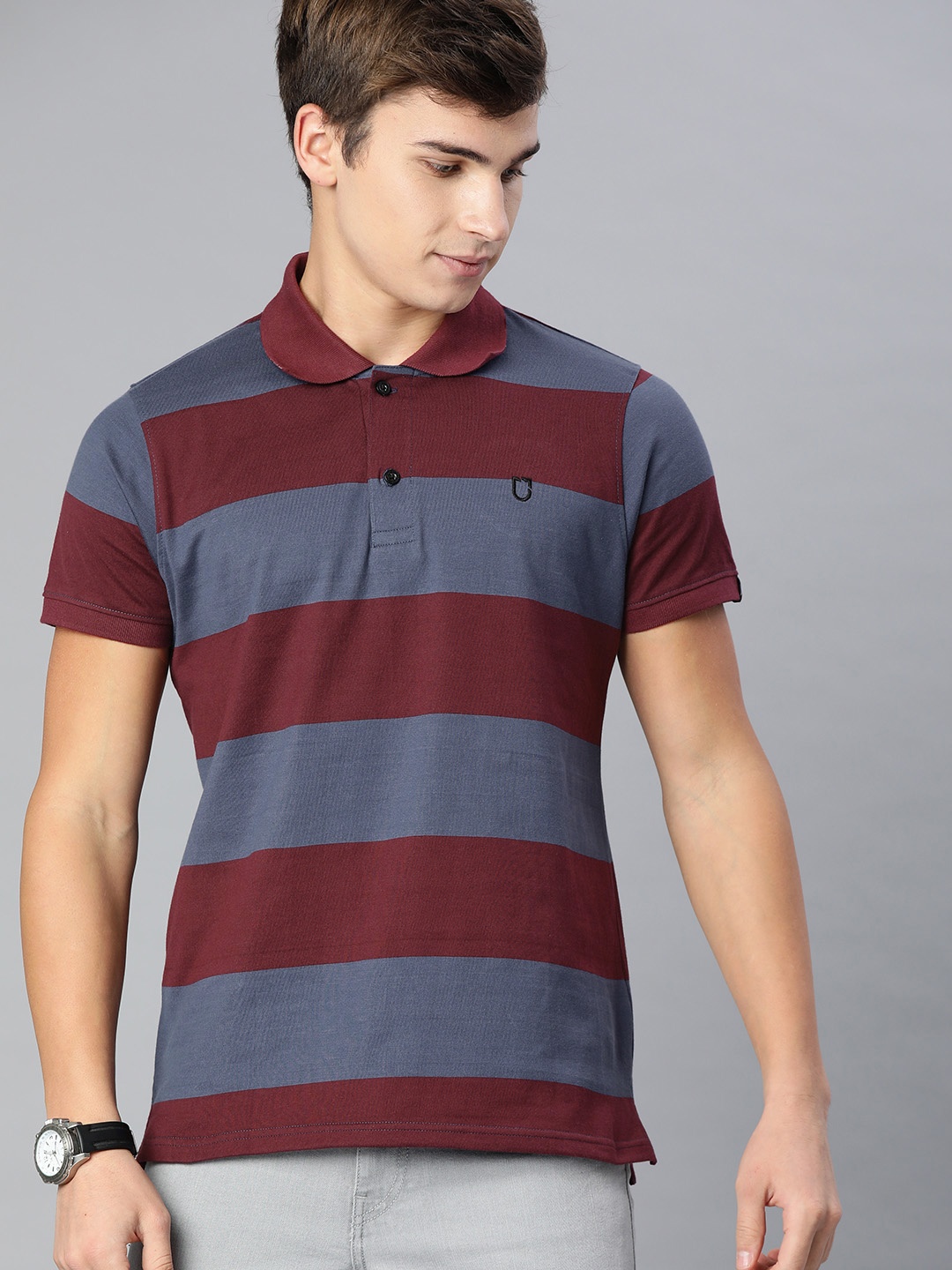 

Urbano Fashion Men Maroon Grey Striped Polo Collar Pure Cotton T-shirt
