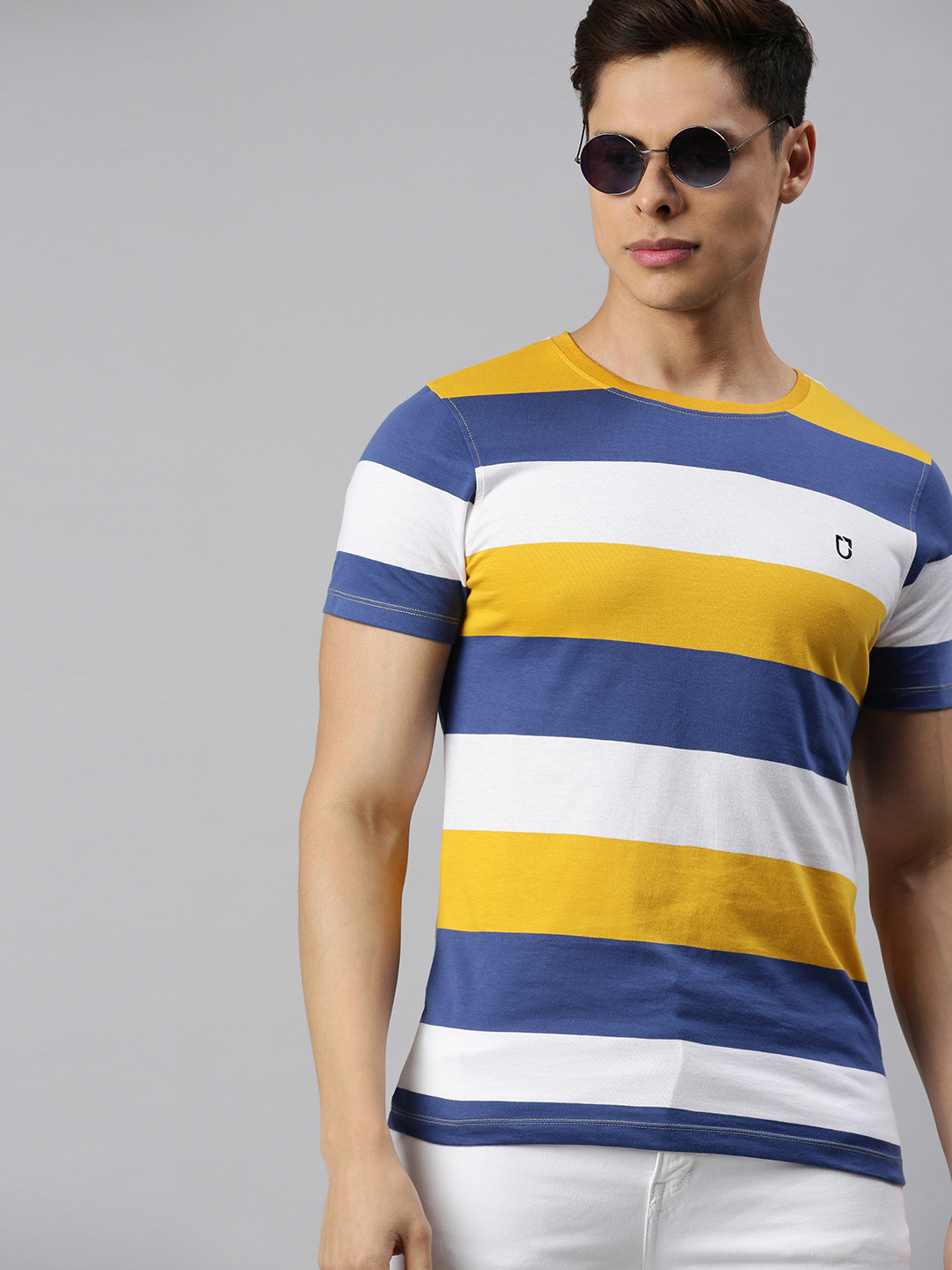 

Urbano Fashion Men Blue White Slim Fit Striped Round Neck Pure Cotton T-shirt