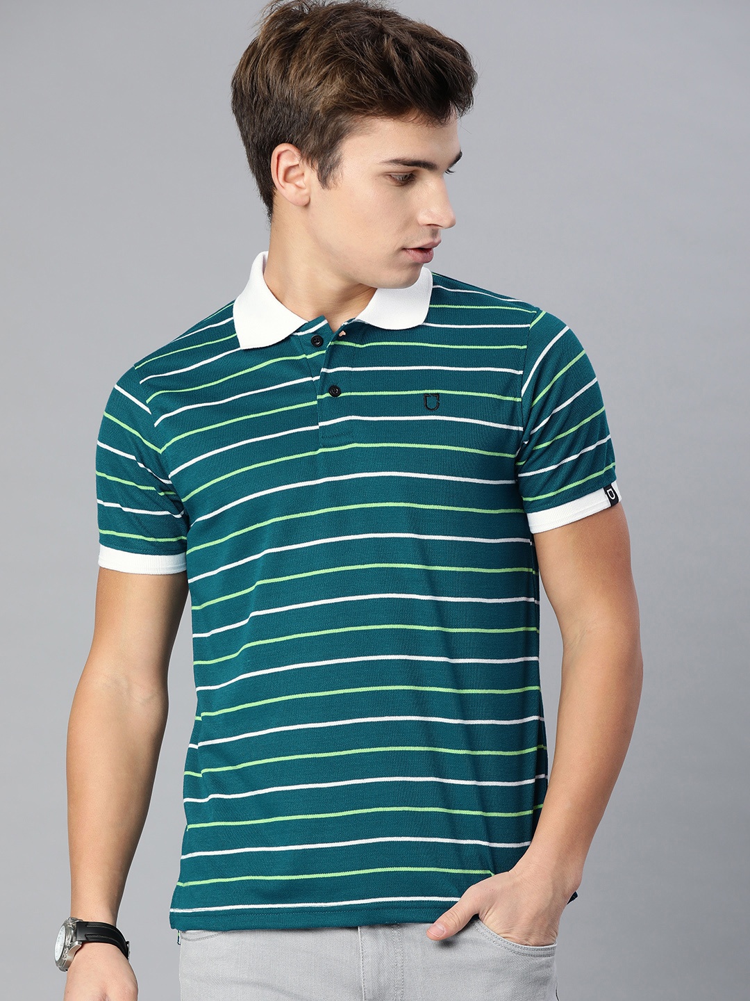 

Urbano Fashion Men Teal Green White Striped Polo Collar Pure Cotton T-shirt