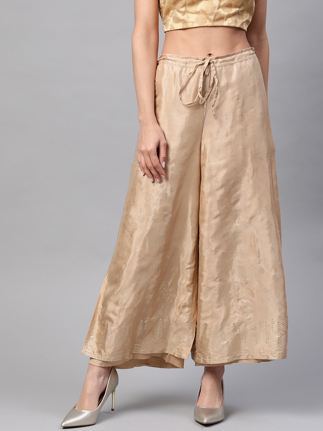 

Biba Women Beige & Golden Printed Wide Leg Layered Palazzos