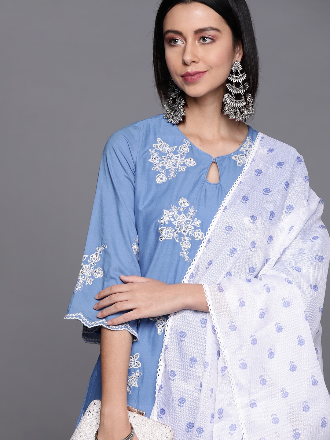 

Biba Women Blue Motifs Embroidered Regular Sequinned Cotton Kurta with Trousers & Dupatta