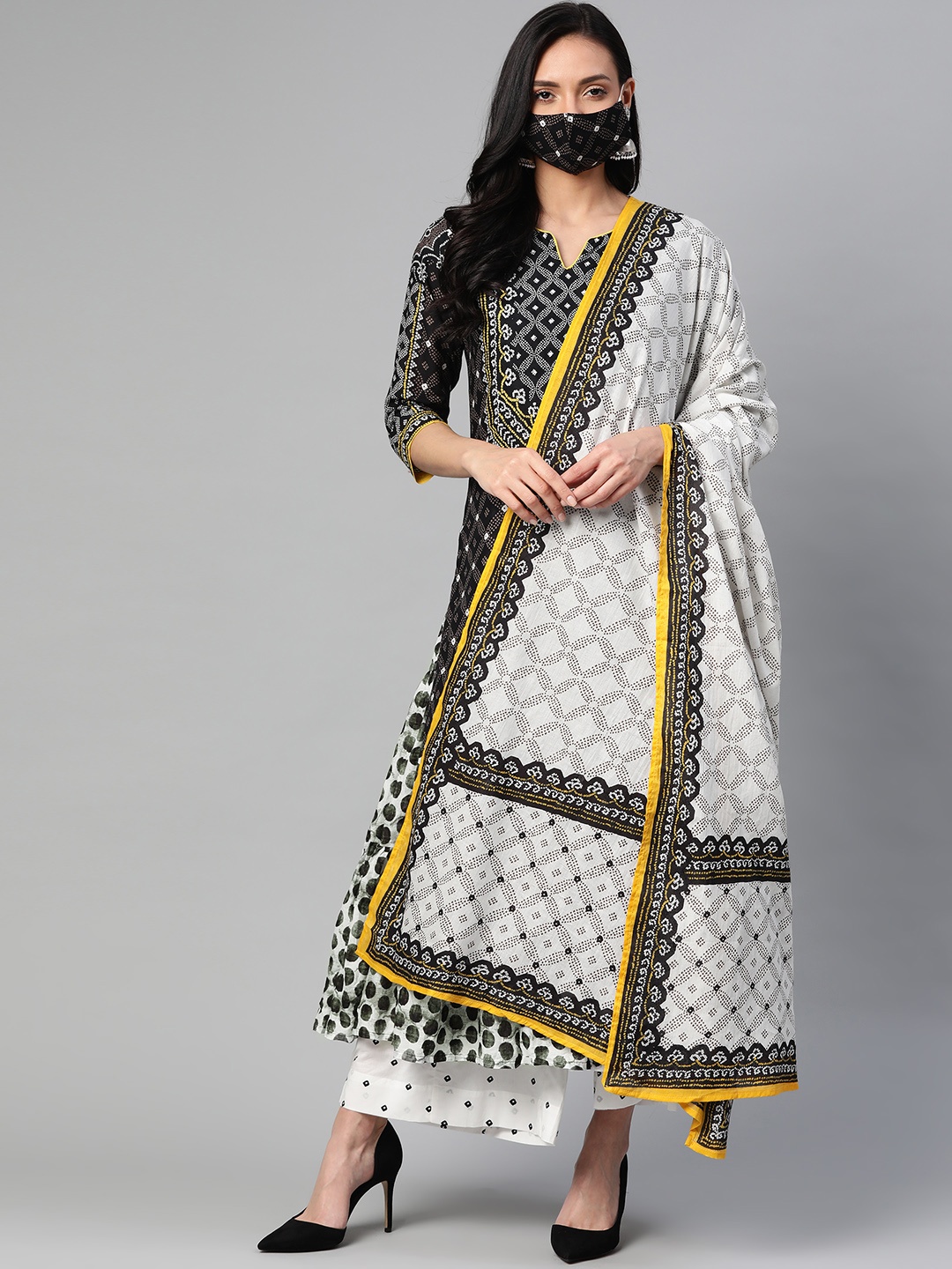 

Biba Women Black White Bandhani Printed Pure Cotton Kurta Set with Dupatta