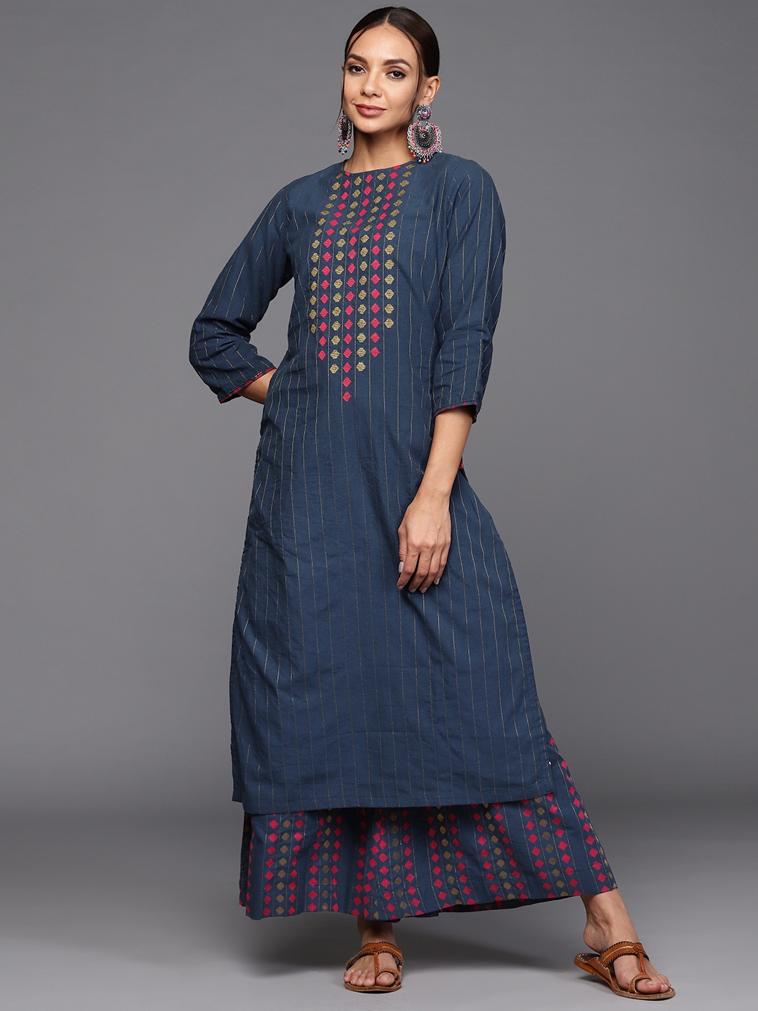 

Biba Women Navy Blue & Pink Embroidered Kurta with Palazzos