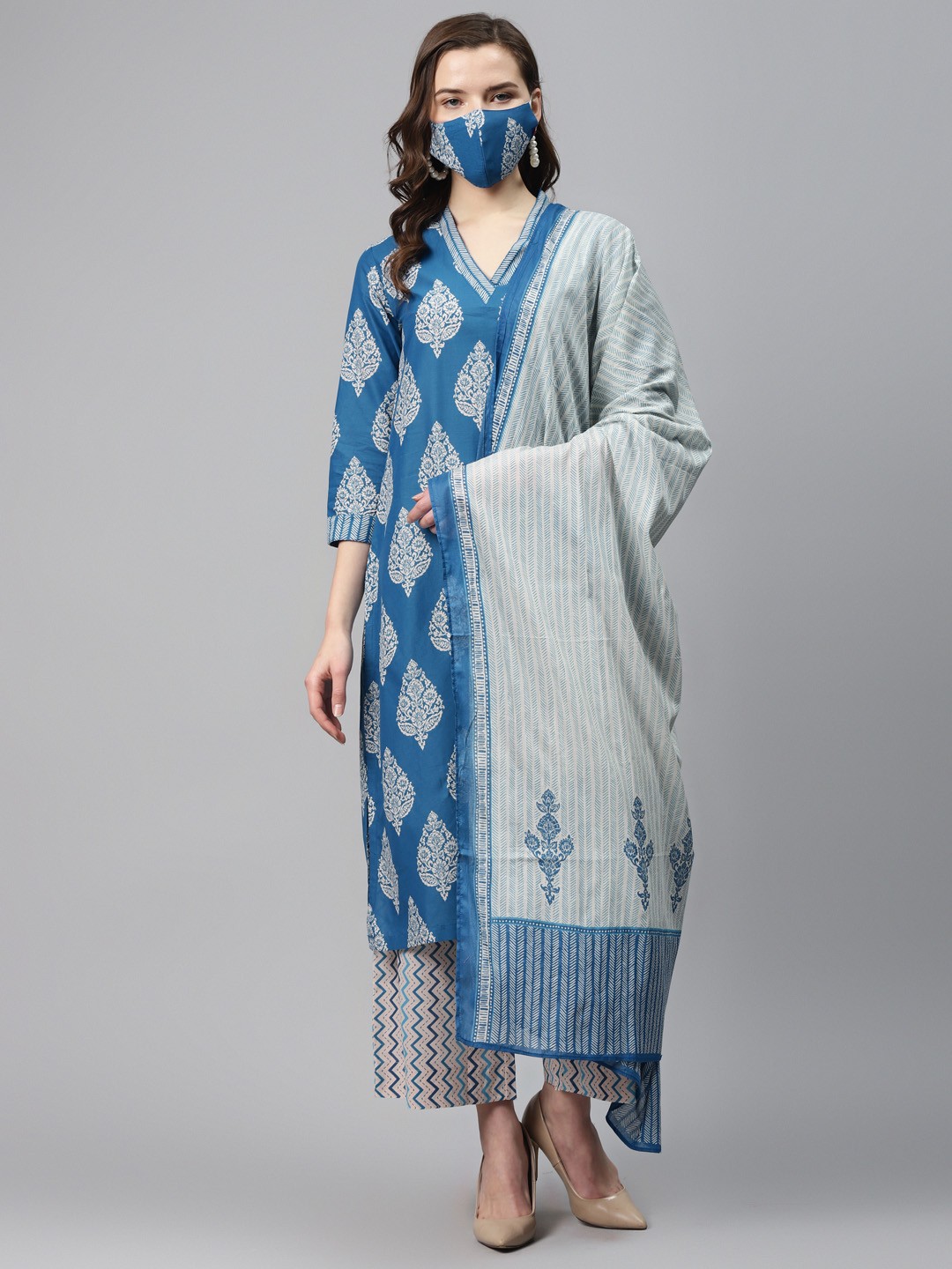 

Biba Women Blue Off-White Printed Kurta with Palazzos, Dupatta