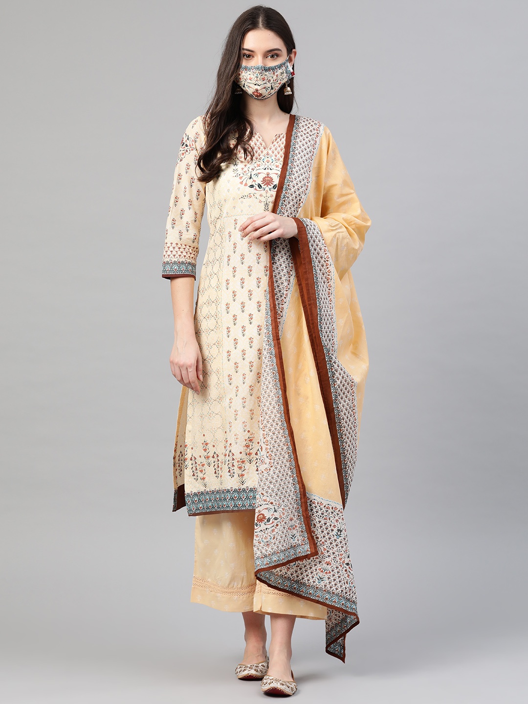 

Biba Women Cream-Coloured Printed Kurta with Palazzos & Dupatta