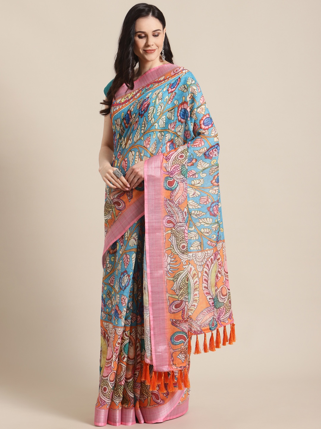 

VASTRANAND Blue & Pink Kalamkari Print Saree