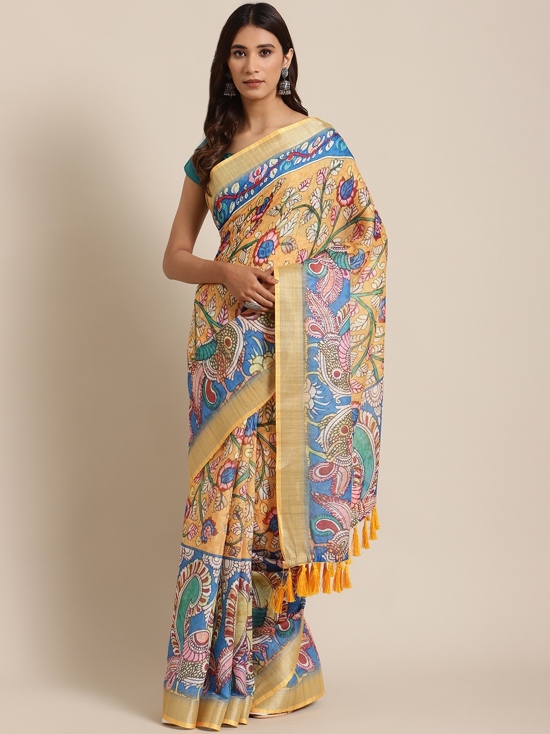 

VASTRANAND Blue & Yellow Kalamkari Print Saree
