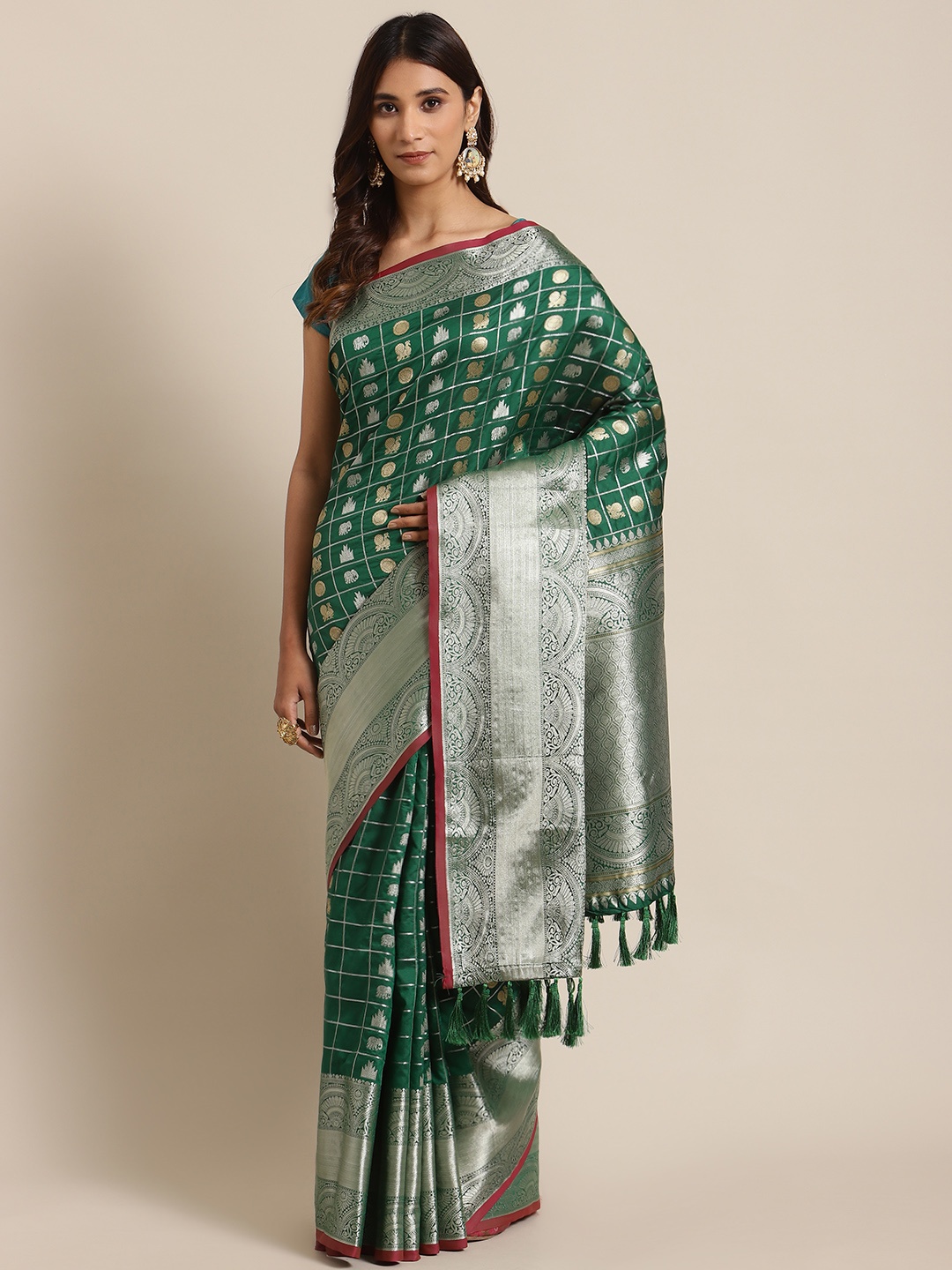 

VASTRANAND Green & Golden Woven Design Banarasi Saree