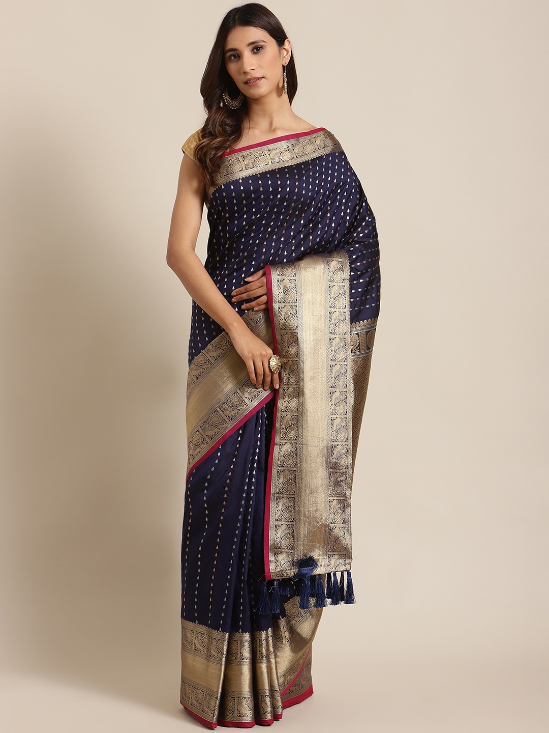 

VASTRANAND Navy Blue & Golden Woven Design Banarasi Saree