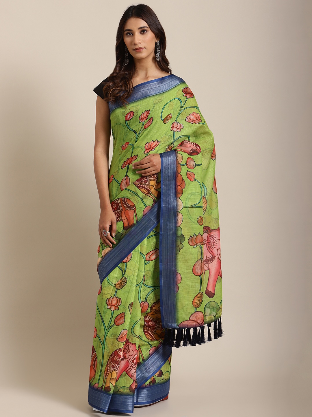

VASTRANAND Green & Red Kalamkari Hand Printed Saree