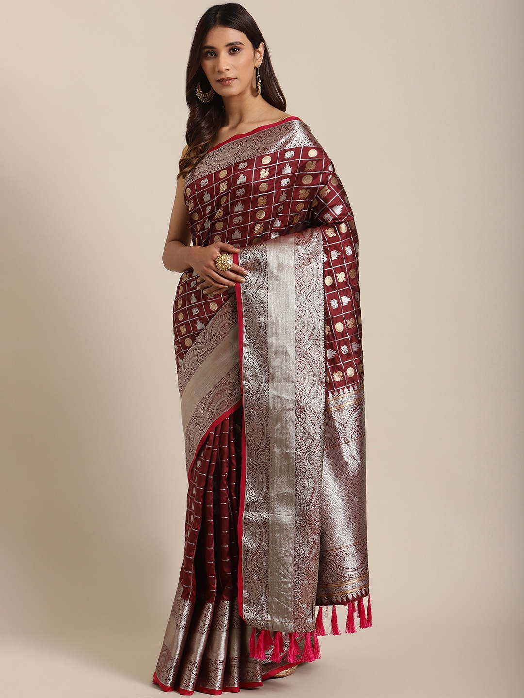 

VASTRANAND Maroon & Golden Woven Design Banarasi Saree